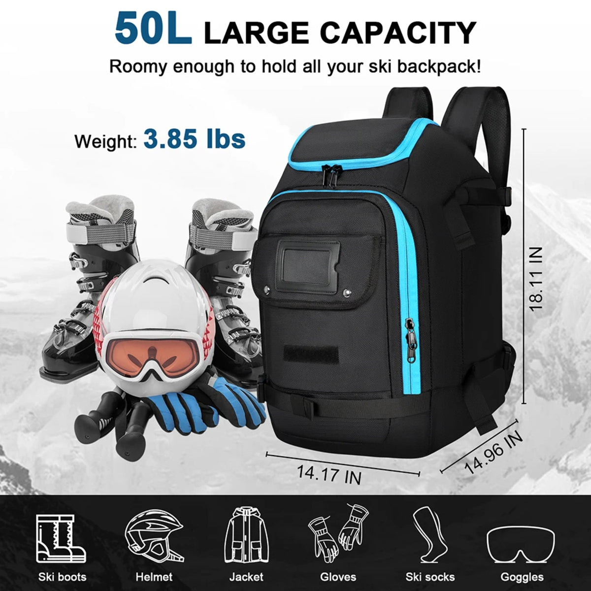50L Waterproof Ski Boot Backpack with Helmet and Goggles Compartment