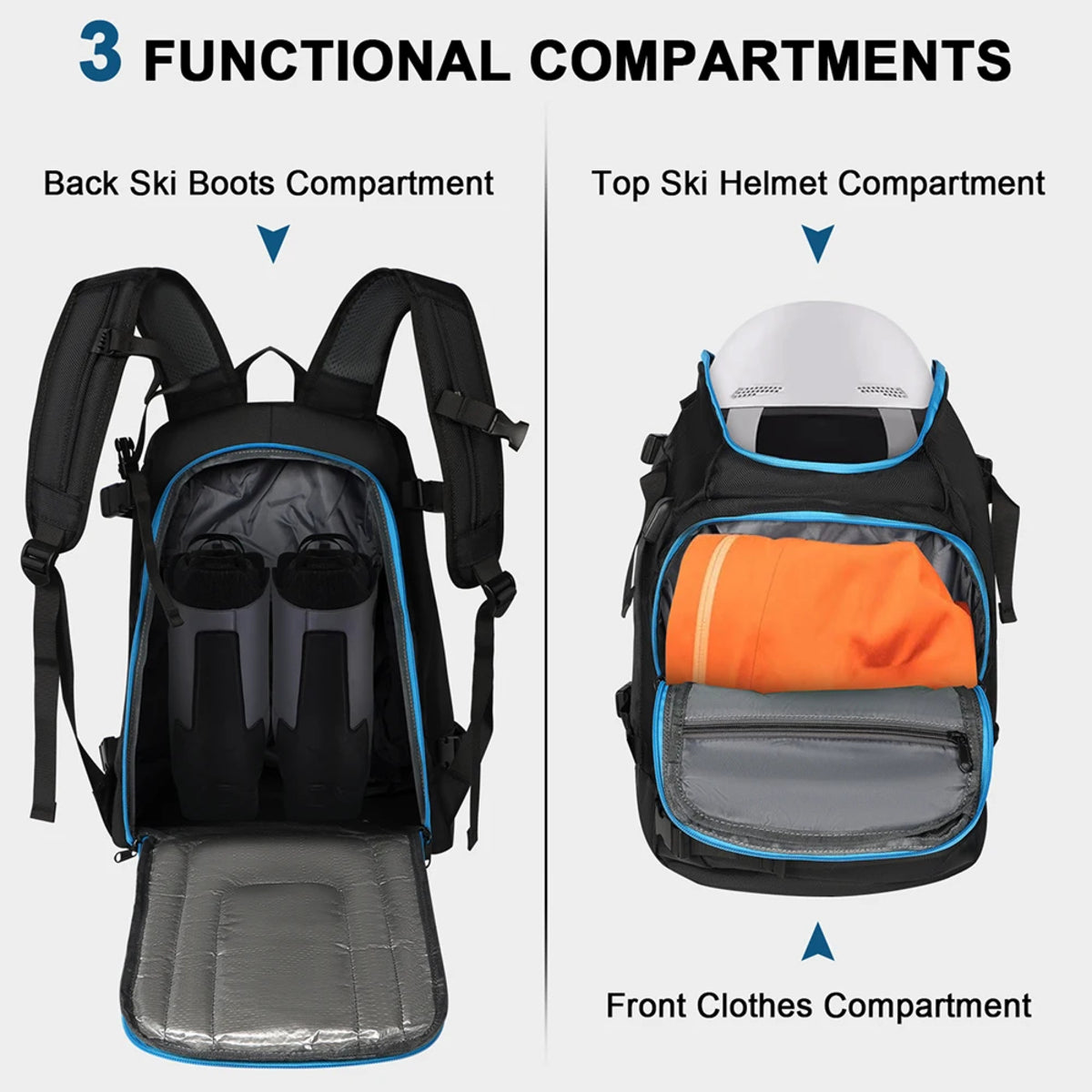 50L Waterproof Ski Boot Backpack with Helmet and Goggles Compartment