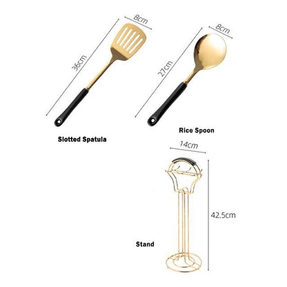 Golden Kitchen Tools Set with Stand - Metallic Finish