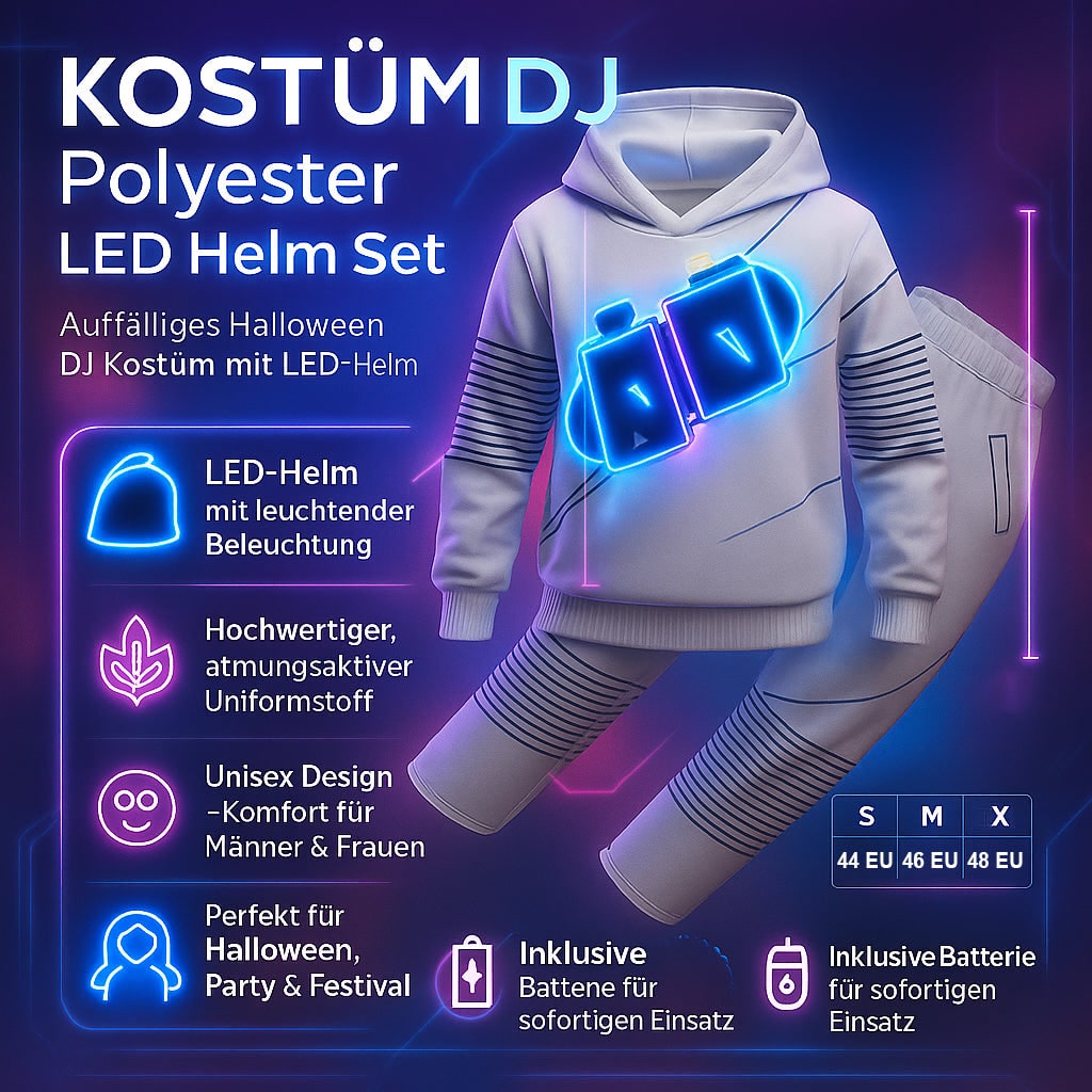 Illuminated DJ Costume Set for Kids with LED Mask and Glow Graphic