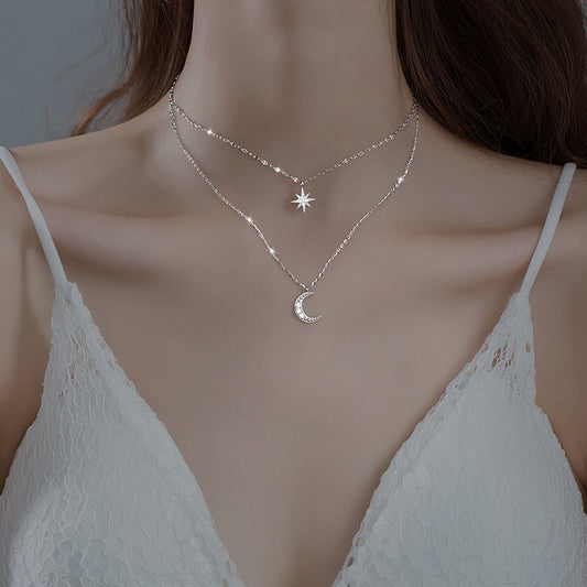 Double Moon Necklace in Light Silver
