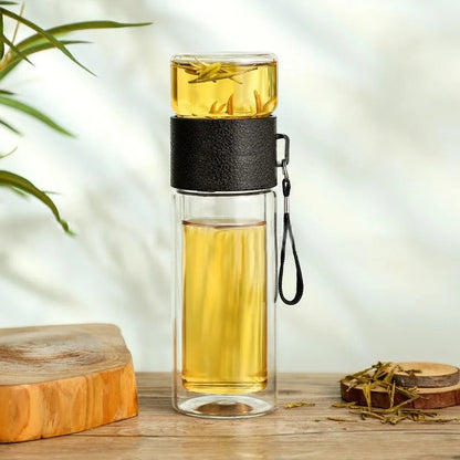 Glass and Wood Double-Walled Thermos Bottle with Tea Infuser – 500 ml