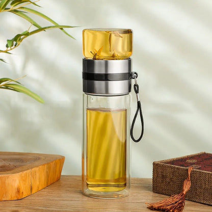 Glass and Wood Double-Walled Thermos Bottle with Tea Infuser – 500 ml