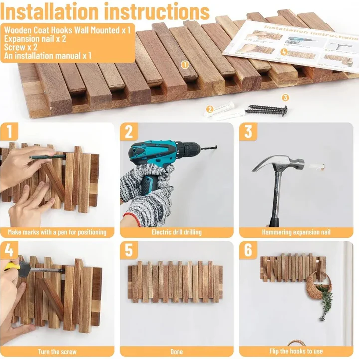 Wall-Mounted Coat Rack in Rustic Style with 8 Flip Hooks