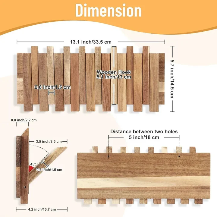 Wall-Mounted Coat Rack in Rustic Style with 8 Flip Hooks