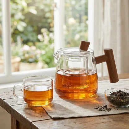 Glass Teapot with Infuser and Wooden Handle - Borosilicate