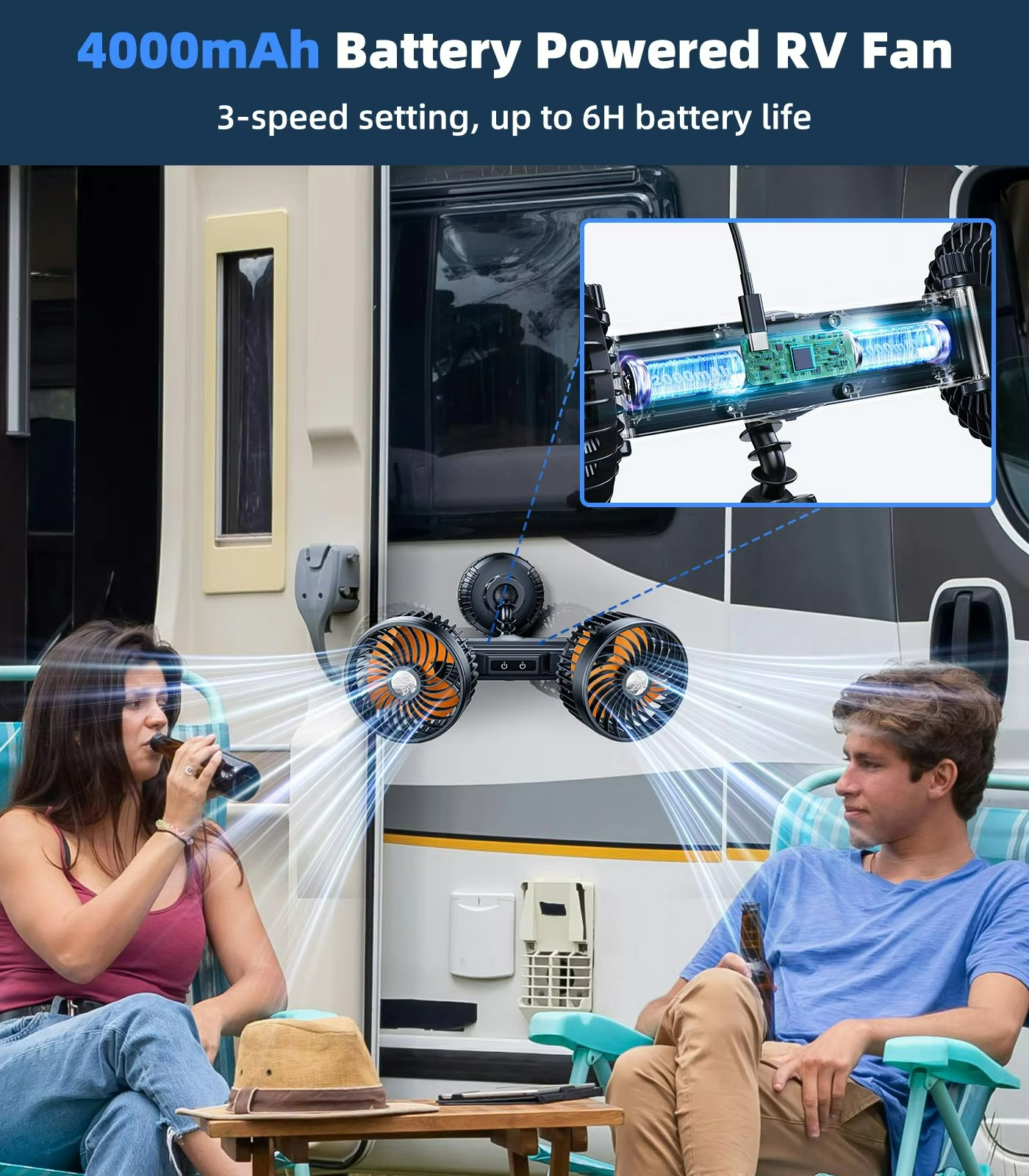 Wireless Car Fan with 4000 mAh Battery and 3 Speed Settings