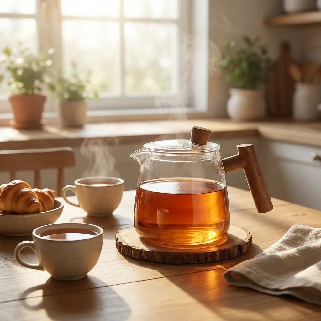 Glass Teapot with Infuser and Wooden Handle - Borosilicate