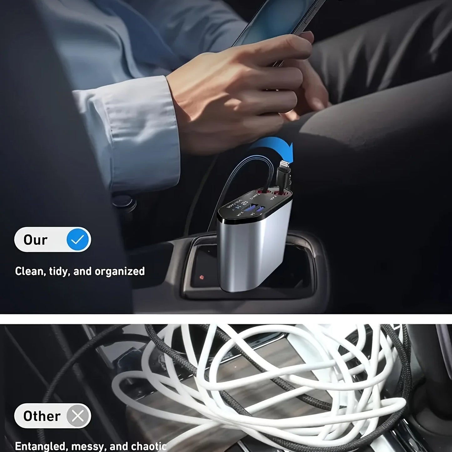 Foldable Car Charger – 120W Fast Charging with USB-C and USB-A Ports