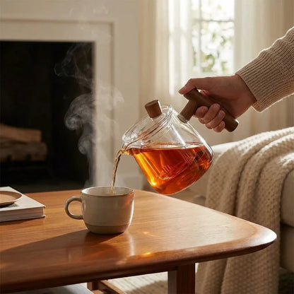 Glass Teapot with Infuser and Wooden Handle - Borosilicate
