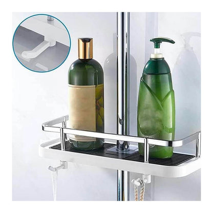 Height Adjustable Shower Caddy for Shower Bar, ABS Plastic, Double Hook, Drainage Grid