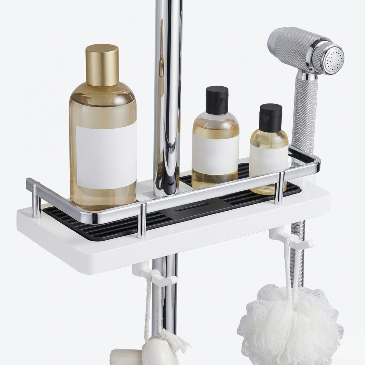 Height Adjustable Shower Caddy for Shower Bar, ABS Plastic, Double Hook, Drainage Grid