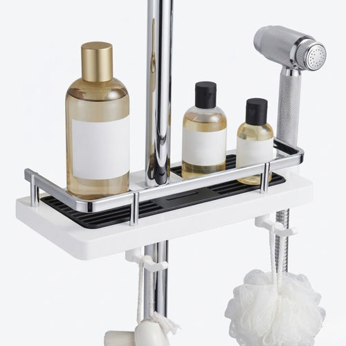 Height Adjustable Shower Caddy for Shower Bar, ABS Plastic, Double Hook, Drainage Grid