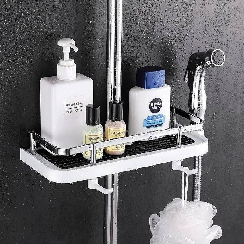 Height Adjustable Shower Caddy for Shower Bar, ABS Plastic, Double Hook, Drainage Grid