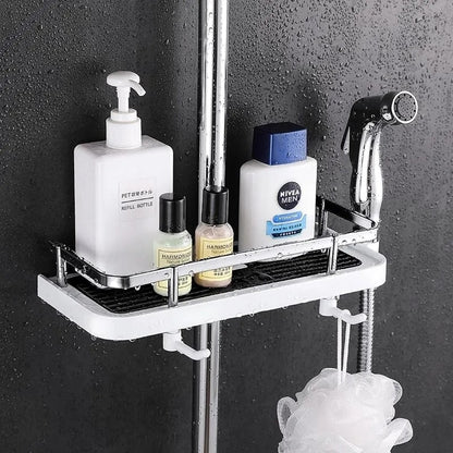 Height Adjustable Shower Caddy for Shower Bar, ABS Plastic, Double Hook, Drainage Grid