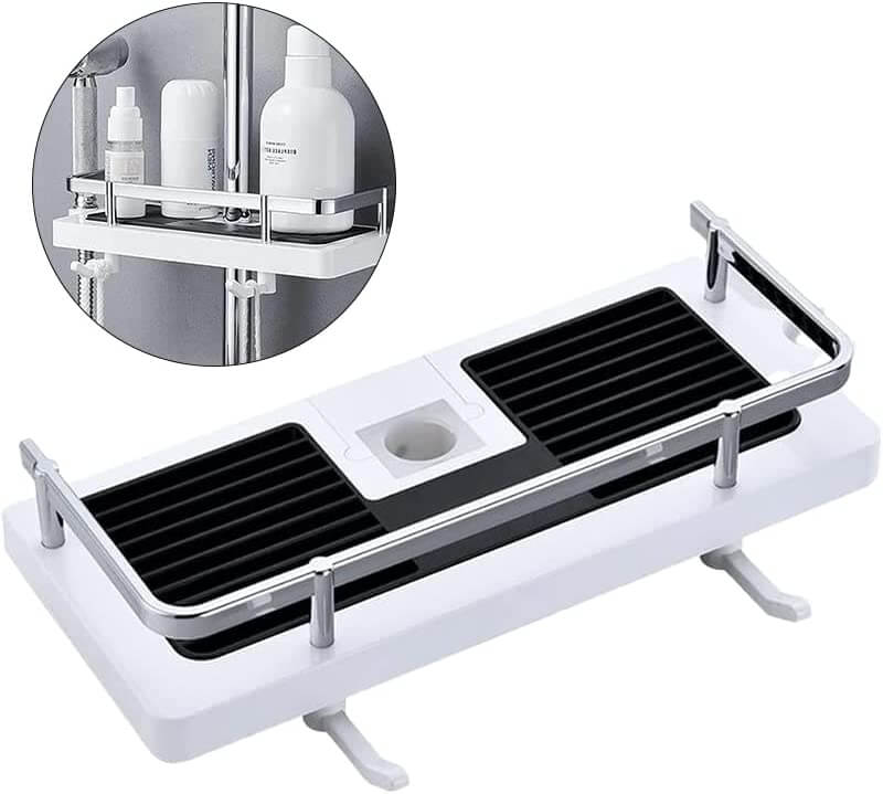 Height Adjustable Shower Caddy for Shower Bar, ABS Plastic, Double Hook, Drainage Grid