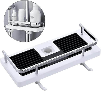 Height Adjustable Shower Caddy for Shower Bar, ABS Plastic, Double Hook, Drainage Grid