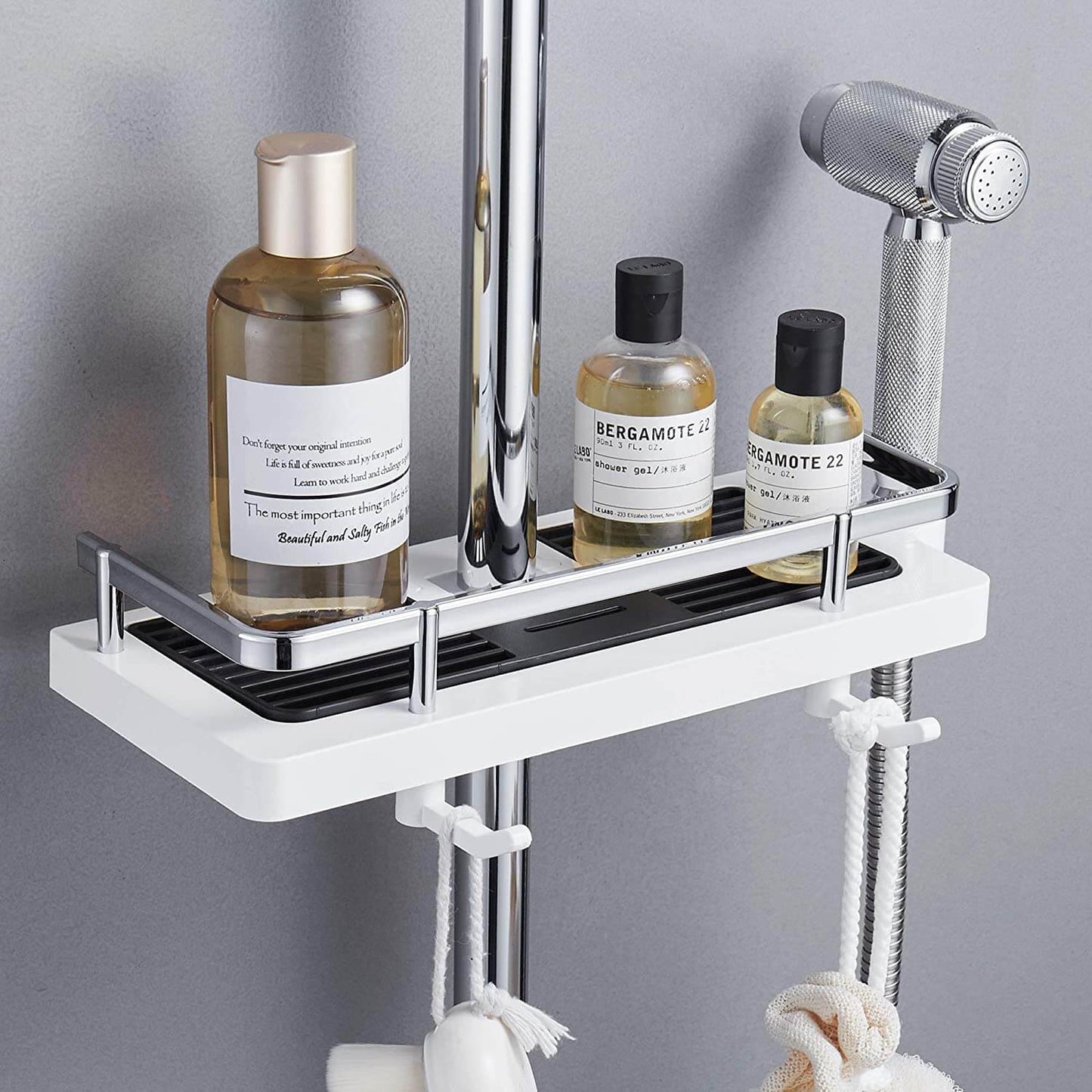 Height Adjustable Shower Caddy for Shower Bar, ABS Plastic, Double Hook, Drainage Grid