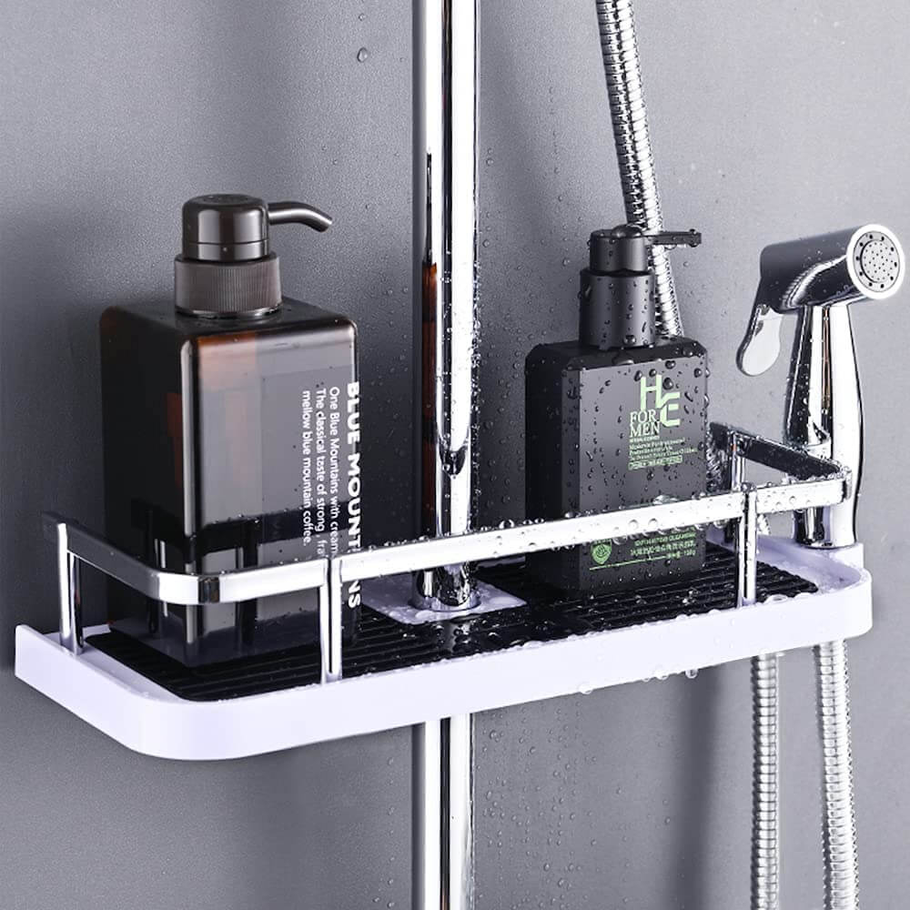 Height Adjustable Shower Caddy for Shower Bar, ABS Plastic, Double Hook, Drainage Grid