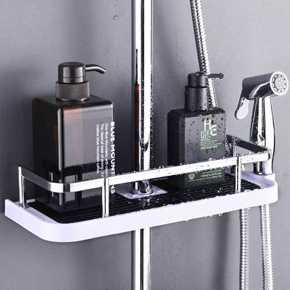 Height Adjustable Shower Caddy for Shower Bar, ABS Plastic, Double Hook, Drainage Grid