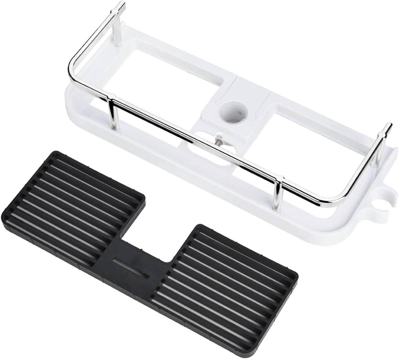 Height Adjustable Shower Caddy for Shower Bar, ABS Plastic, Double Hook, Drainage Grid