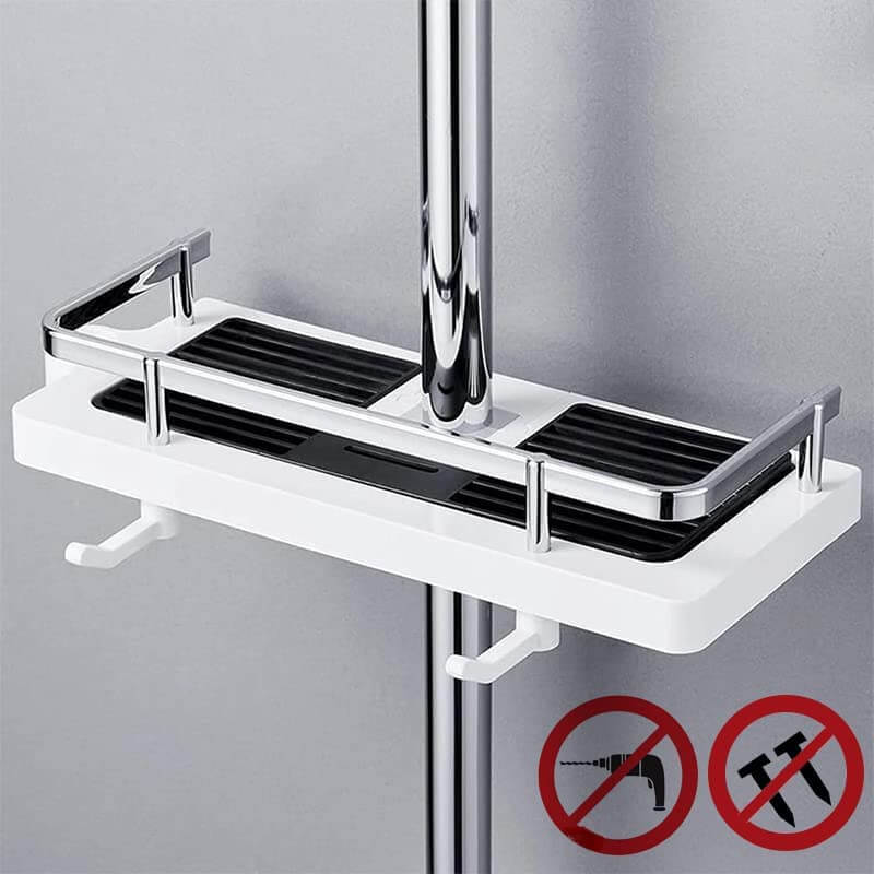 Height Adjustable Shower Caddy for Shower Bar, ABS Plastic, Double Hook, Drainage Grid