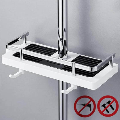 Height Adjustable Shower Caddy for Shower Bar, ABS Plastic, Double Hook, Drainage Grid