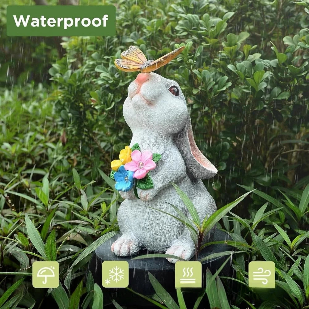Solar Garden Bunny Statue with LED Butterfly | Waterproof Plastic