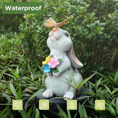 Solar Garden Bunny Statue with LED Butterfly | Waterproof Plastic