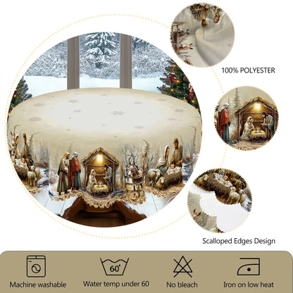 Christmas Tablecloth with Nativity Scene | Round and Rectangular | Easy Care and Wipeable Indoor/Outdoor Decoration