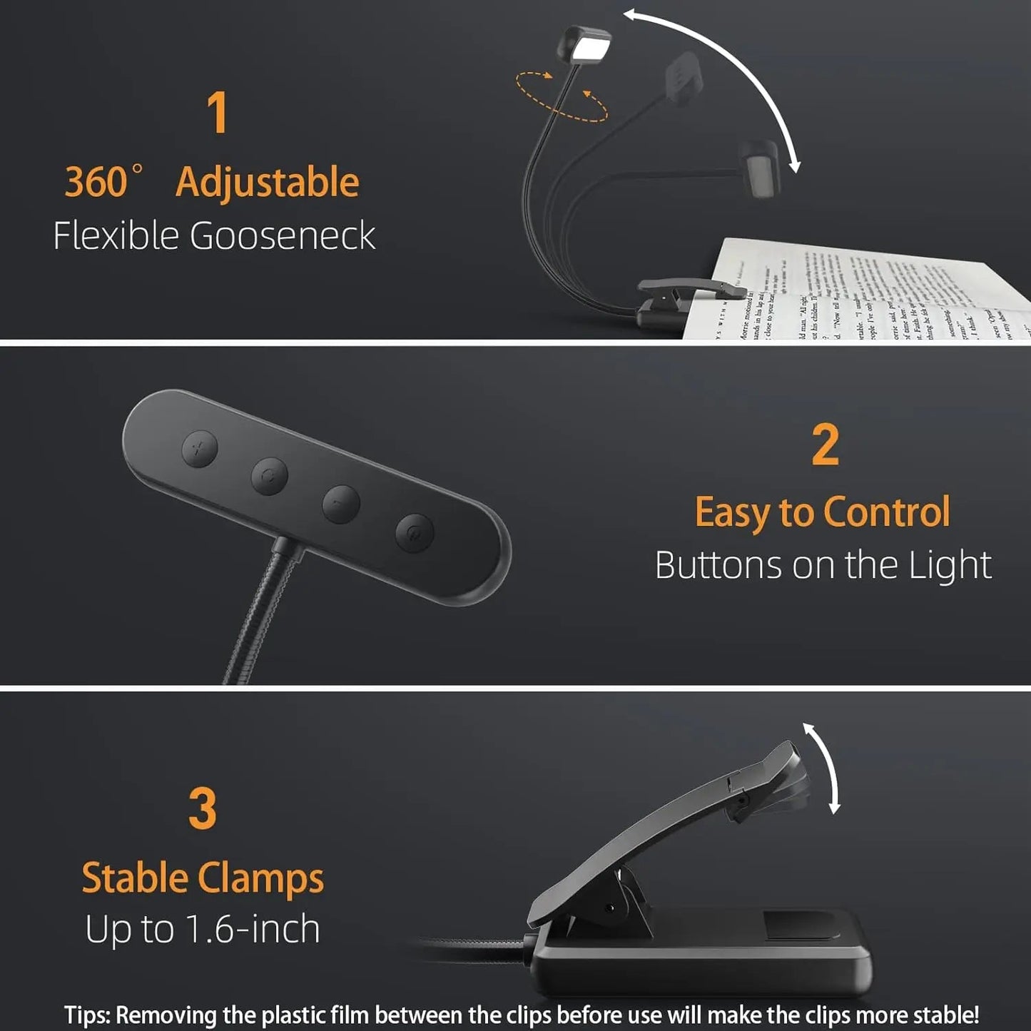 Rechargeable LED Clip Reading Light with 3 Color Modes & 10 Brightness Levels