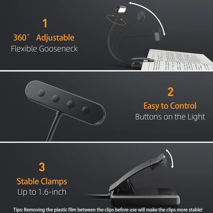 Rechargeable LED Clip Reading Light with 3 Color Modes & 10 Brightness Levels