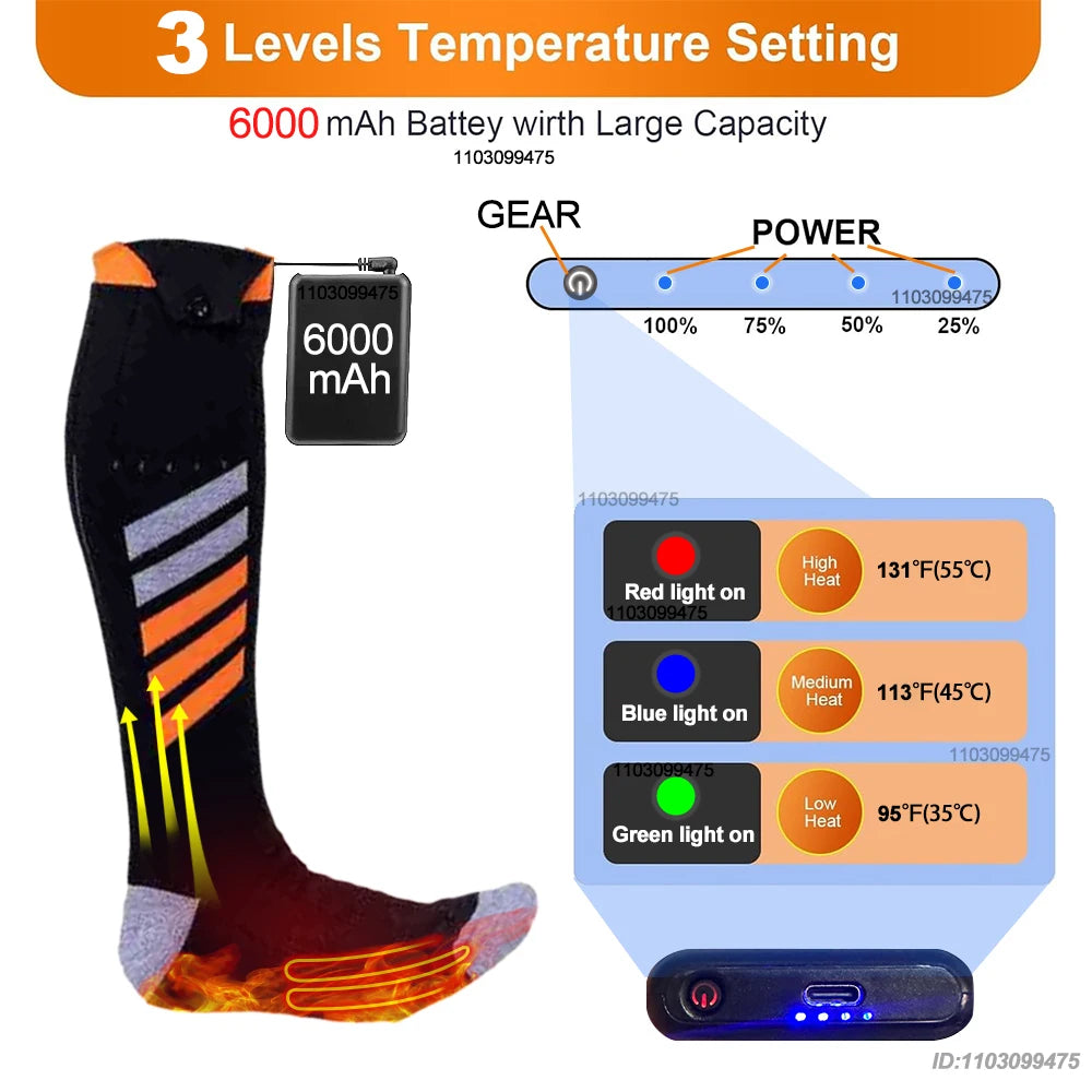 Heated Socks with Rechargeable 6000 mAh Battery | Up to 10 Hours Warmth | Unisex Thermal Socks for Outdoor, Skiing & Winter Use