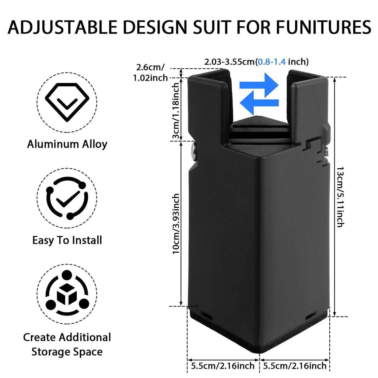 Adjustable Furniture Leg Set with 4 Pieces | Aluminum | Chair, Sofa & Table | Height 5–10 cm