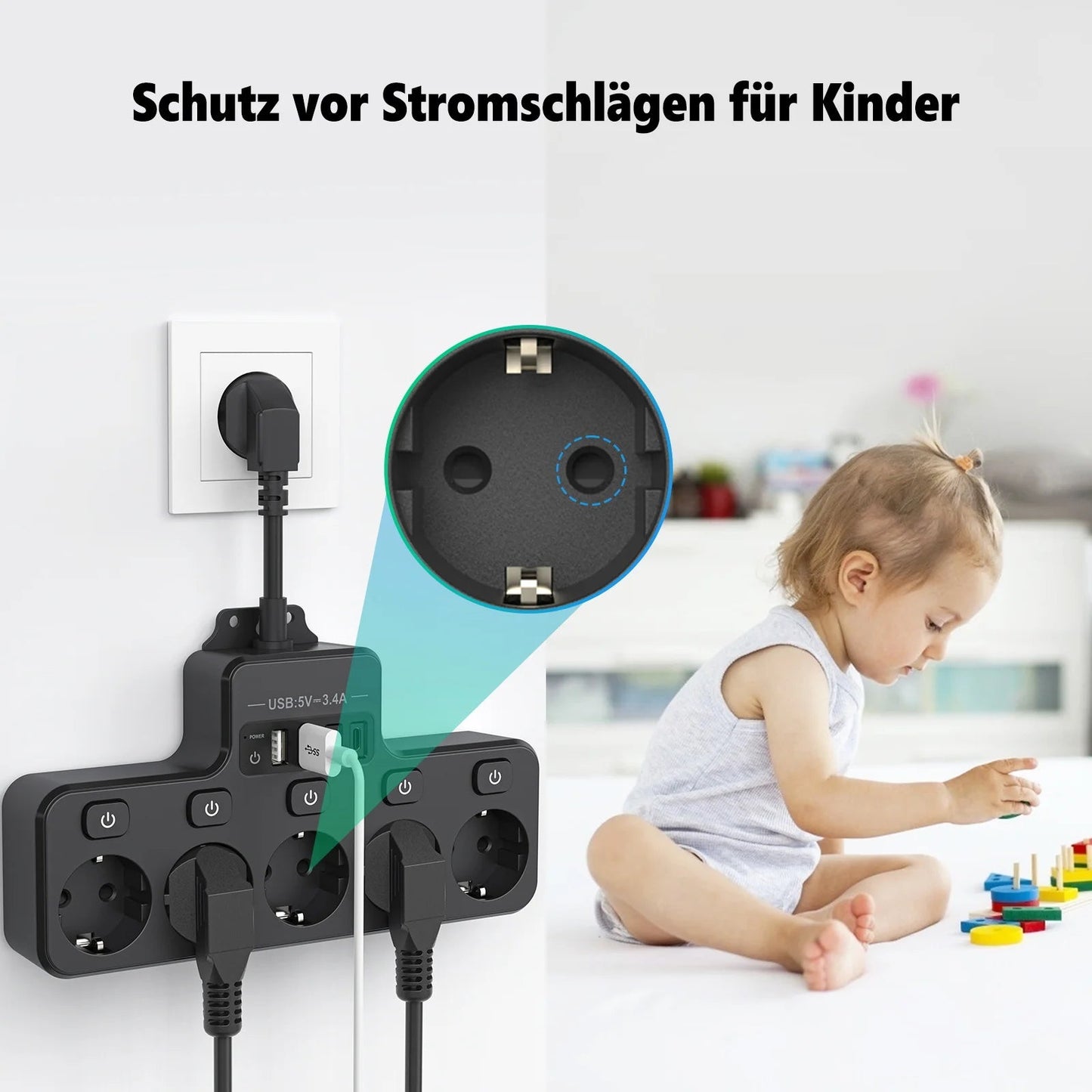 9-in-1 Power Strip with 5 AC Outlets and 4 USB Ports (2 Type-C) - 16A, 10 cm Short Cable, Individual Switch Control