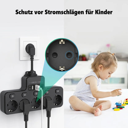 9-in-1 Power Strip with 5 AC Outlets and 4 USB Ports (2 Type-C) - 16A, 10 cm Short Cable, Individual Switch Control