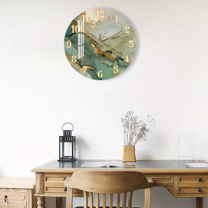 Round Silent Clock with Gold Accents – Abstract Marble and Wood Design