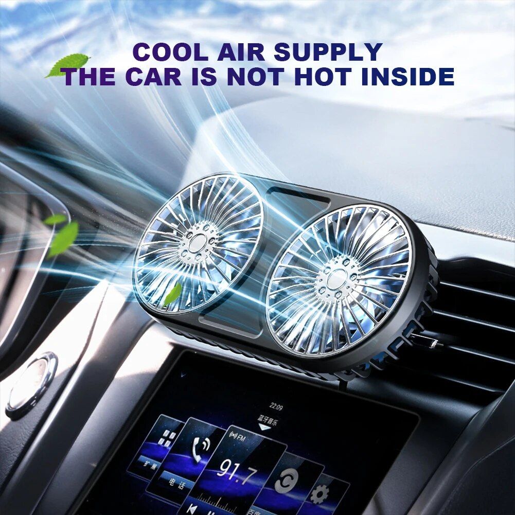 Dual-Head Car Fan with 360° Rotation and Ambient Lighting - USB Powered
