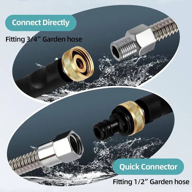 PowerSpray High-Pressure Nozzle for Garden Hoses 44.5 cm | Dual Nozzles: Stream & Fan | Stainless Steel/Copper, Leak-Proof, 1/2" & 3/4"