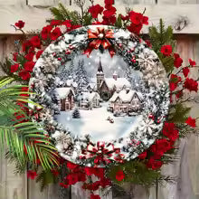Wooden Christmas Sign with Relief Design - Winter Village and Snowy Scene - Wall and Door Decor