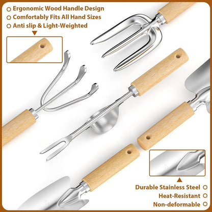 9-Piece Garden Tool Set with Stainless Steel Blades and Wooden Handles, Includes Storage Bag