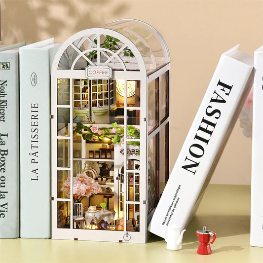DIY Bookshelf Niche - 3D Miniature Coffee House Wooden Kit with LED Lighting - Creative Bookshelf Diorama & Gift Idea