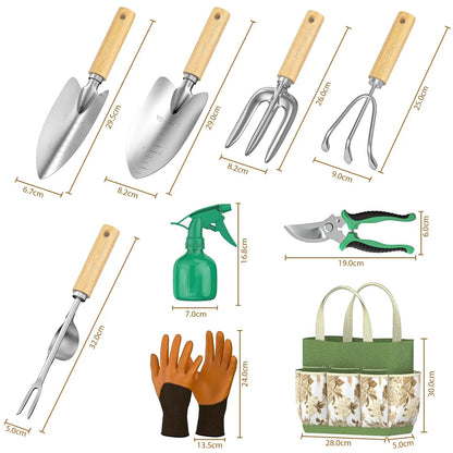 9-Piece Garden Tool Set with Stainless Steel Blades and Wooden Handles, Includes Storage Bag
