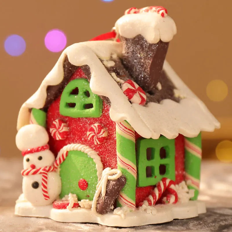 Handmade LED Gingerbread House Ornament – Illuminated Christmas Decor with Santa, Snowman, and Candy Canes