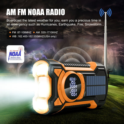 Emergency Radio with Solar & Hand Crank | 5000mAh Power Bank | LED Light & SOS Alert