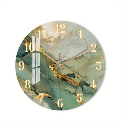 Round Silent Clock with Gold Accents – Abstract Marble and Wood Design