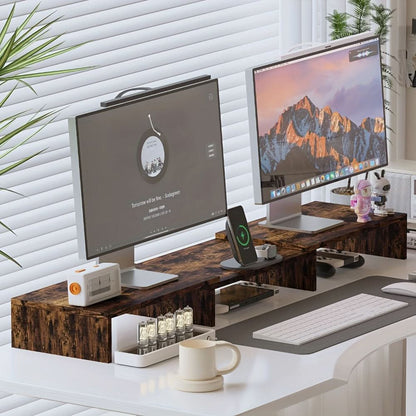 Adjustable Dual Monitor Stand with Laptop Tray and Workspace Organizer