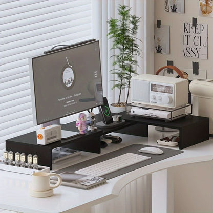 Adjustable Dual Monitor Stand with Laptop Tray and Workspace Organizer