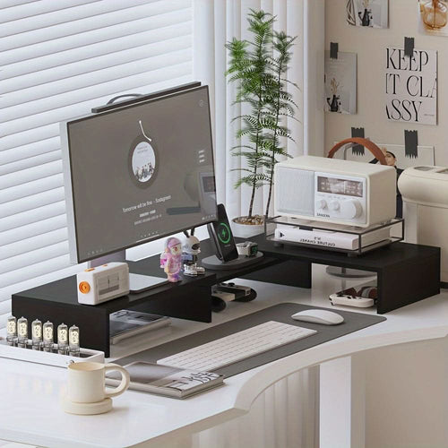 Adjustable Dual Monitor Stand with Laptop Tray and Workspace Organizer
