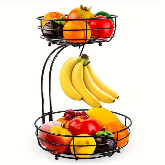 2-Tier Oval Fruit Basket with Banana Stand – Metal Kitchen Storage